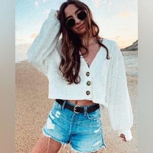 Sabo Skirt White three button oversized cardigan